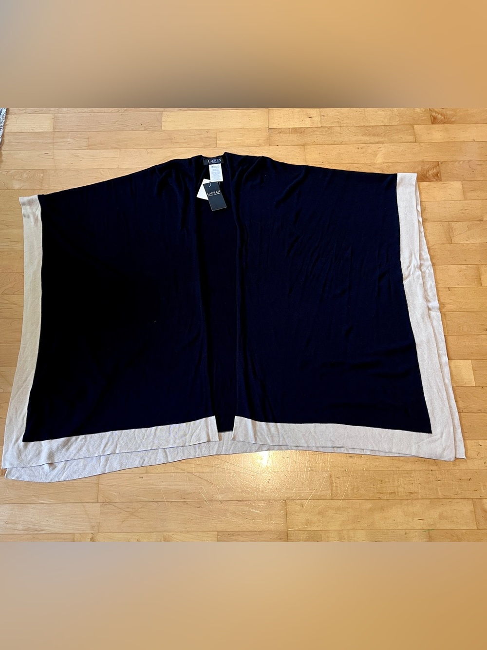 NWT Lauren Ralph Lauren Color-Block Black & Tan Viscose Ruana / Poncho Shawl